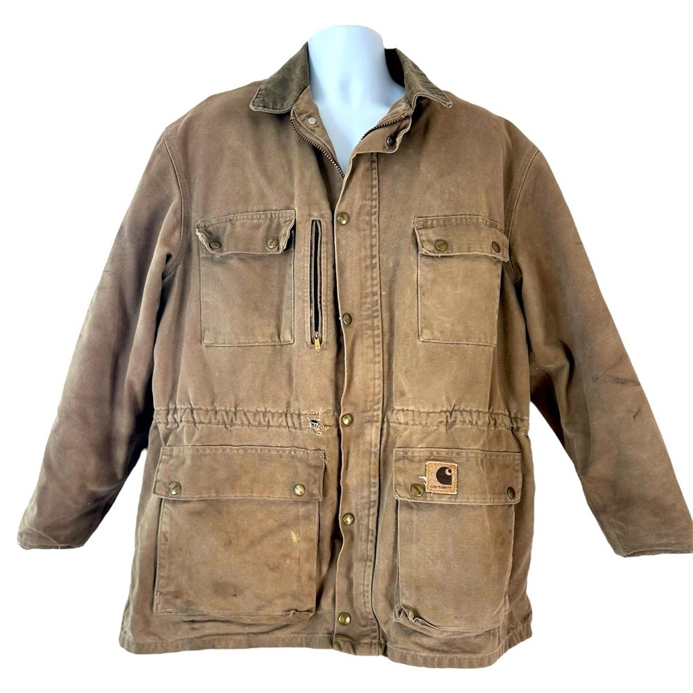 CARHARTT VTG 90s Thrashed Canvas Blanket Lined Barn Chore Jacket Brown XL USA